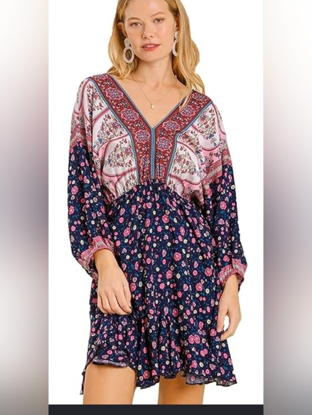 Umgee USA Mixed Print Long Sleeve Bohemian Dress